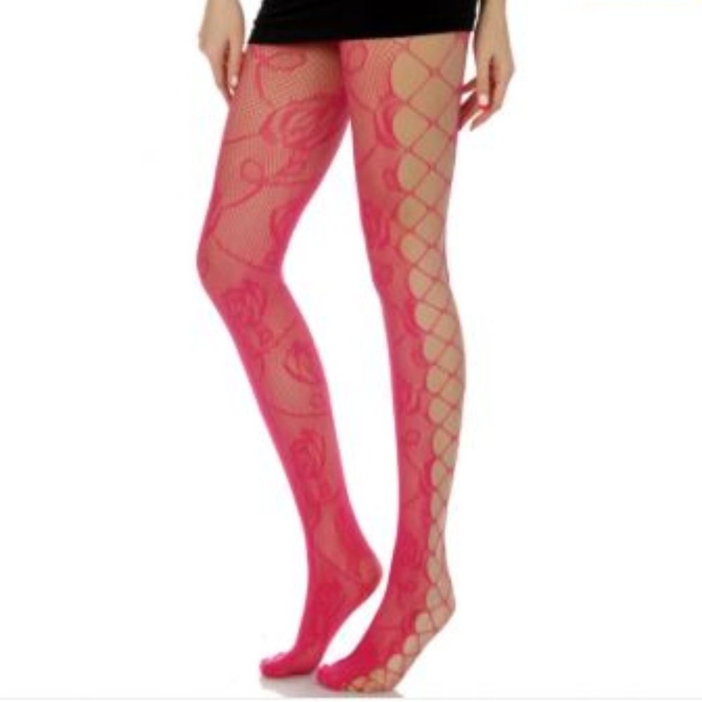 Front Rose Fishnet Pantyhose - Hot Pink